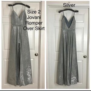 Jovani Shimmering Silver Romper with Overskirt